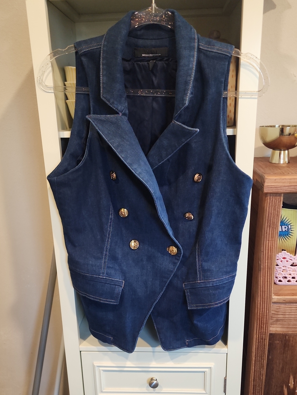 White House Black Market Double-Breasted Denim Vest in Navy